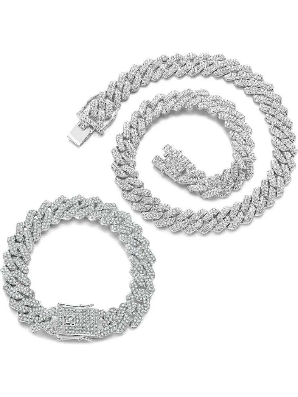 2-Piece Iced Out Cuban Link Chain Necklace & Bracelet Set - Silver Hip Hop